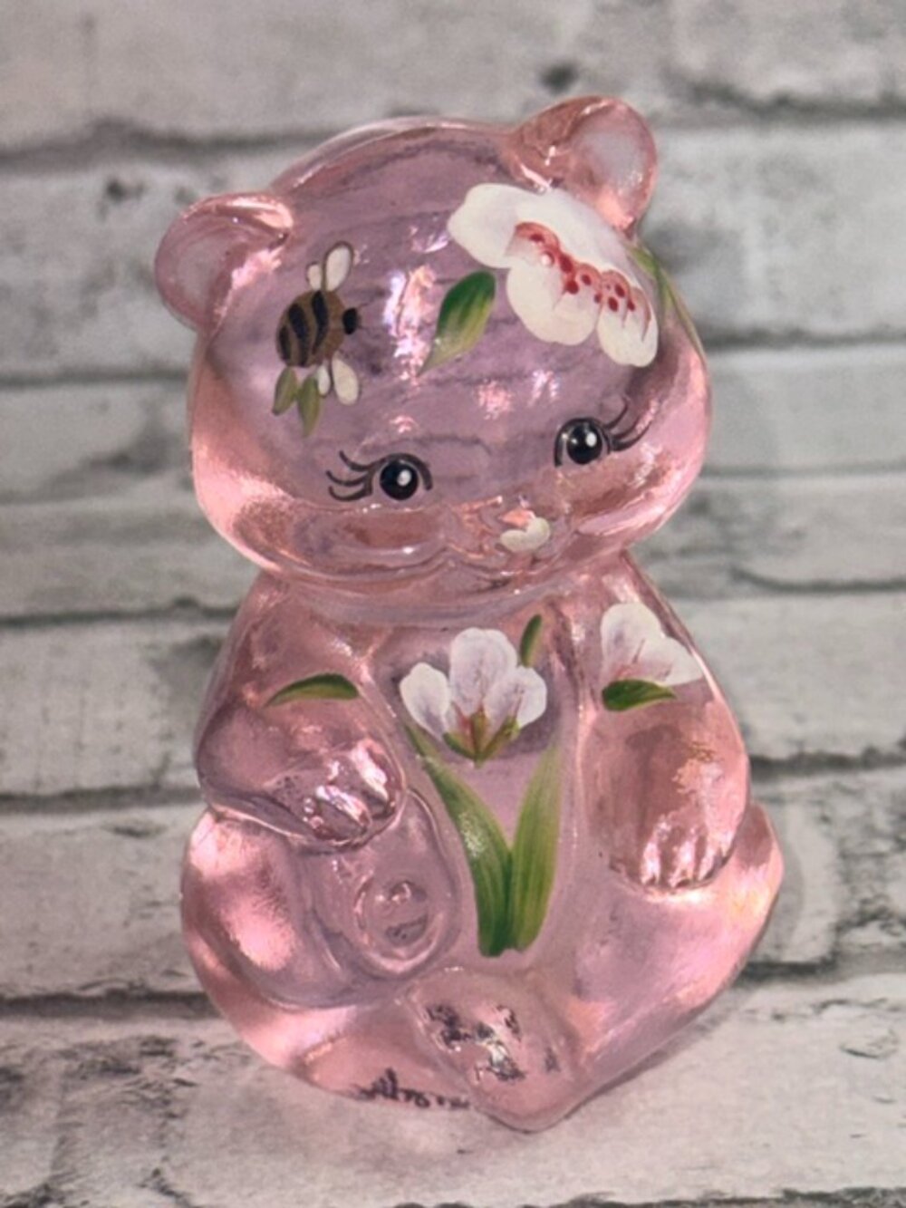 Vintage Signed Fenton Glass Teddy Bear Figurine M Caplinger Pink Bee Floral RARE
